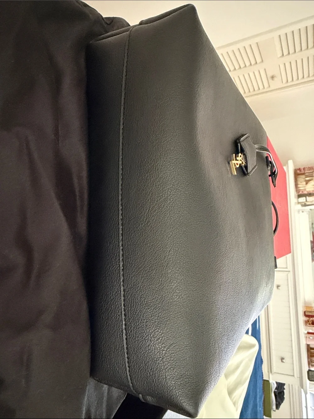Saint Laurent Black Leather Messenger Tote with Gold Hardware
